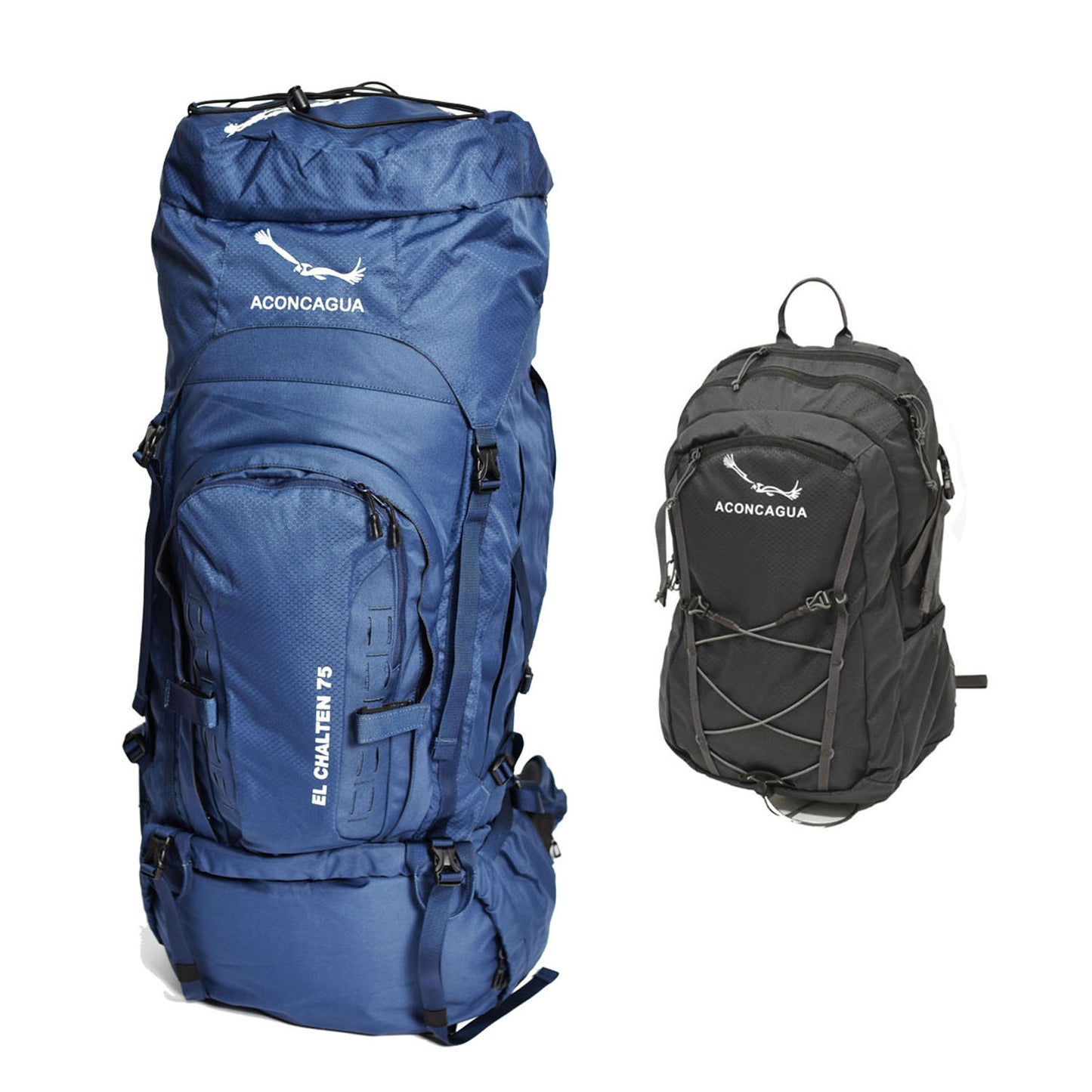 Set of large backpack (65L) and small backpack for mountain climbing, travel, and evacuation preparation