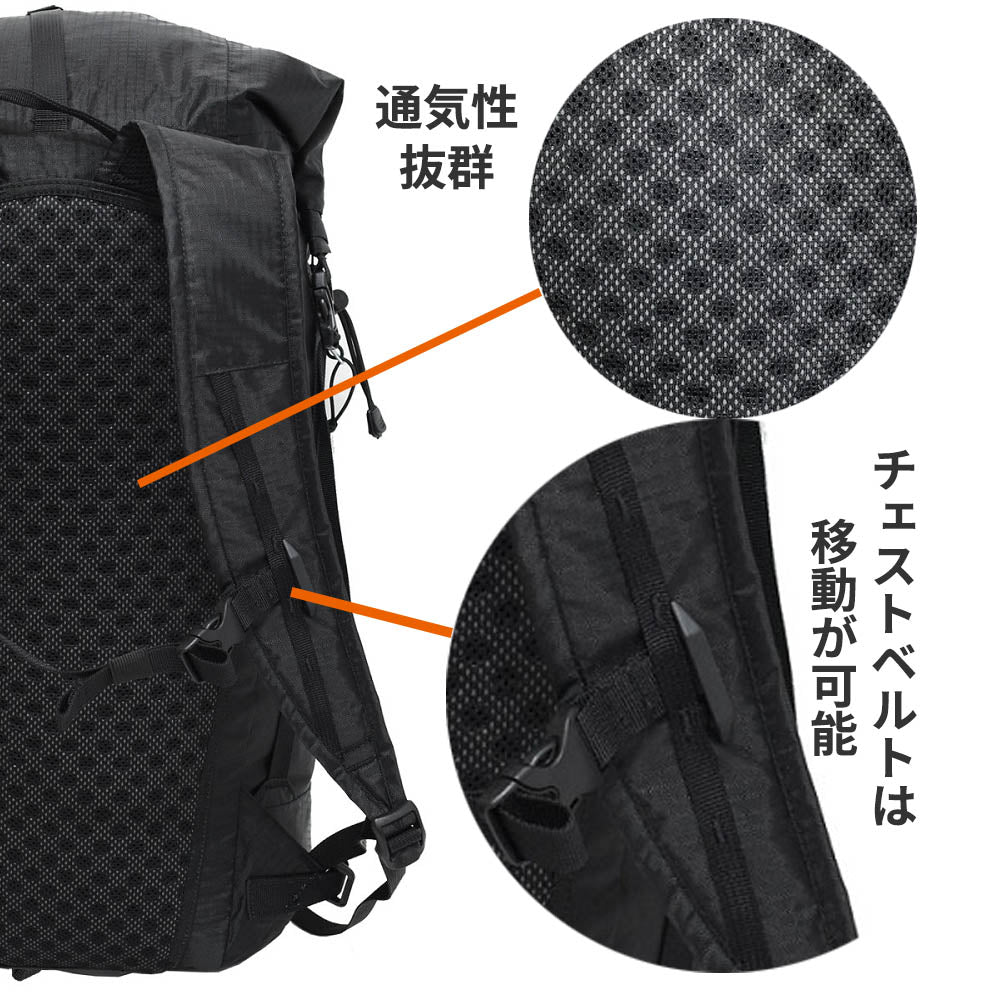 Iguazu イグアス ブラック 超軽量 450g 完全防水 リュックサック 23L~30L 容量調節可 ロールトップ 防水ジッパーポケット プールバッグ アコンカグア