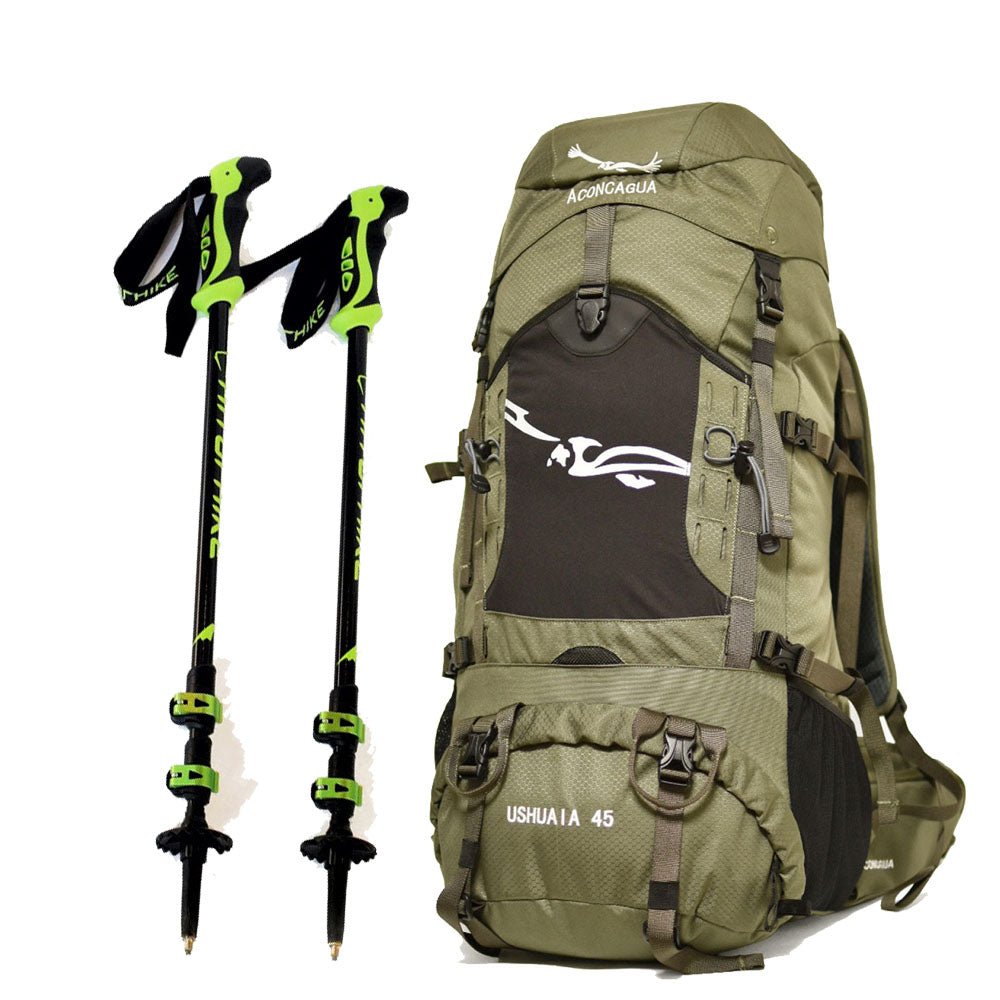 【セット】45L 登山リュックサック & ハイキングポールセット 男女兼用 軽量 細身 多機能ポケット ハイキングポール2本組 富士登山 登山リュック 登山バックパック アコンカグア 送料込み