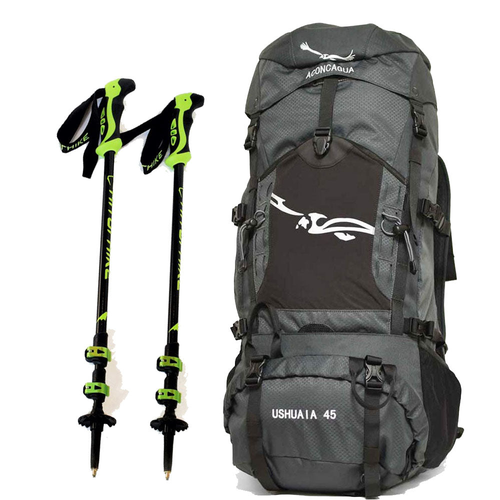 【セット】45L 登山リュックサック & ハイキングポールセット 男女兼用 軽量 細身 多機能ポケット ハイキングポール2本組 富士登山 登山リュック 登山バックパック アコンカグア 送料込み
