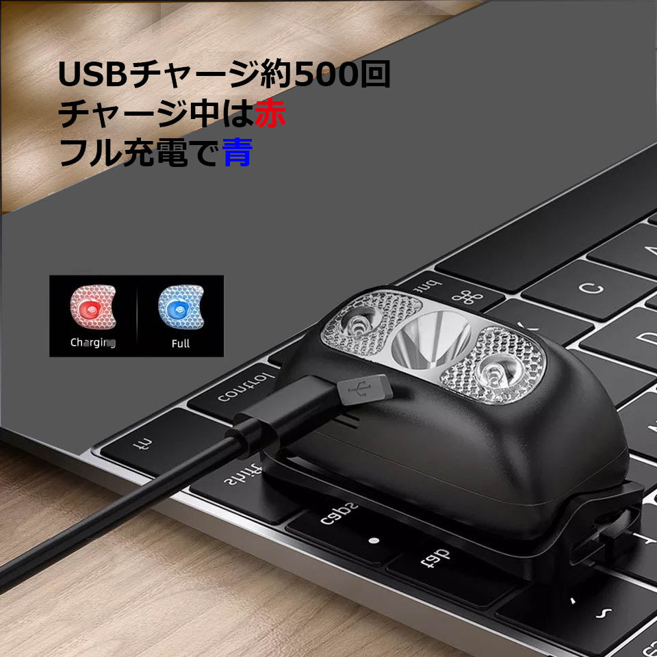 充電式 LEDヘッドライト LEDヘッドランプ アウトドアライト モーションセンサー付き センサー機能 充電式 高輝度 角度調節可能
