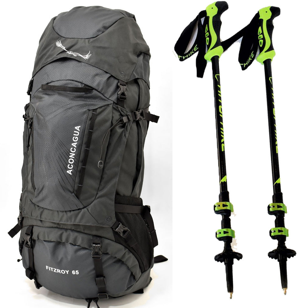 65L 登山リュック&ハイキングポール2本セット 男女兼用 大容量 簡単パッキング ロールトップ 登山リュック 登山バックパック アコンカグア