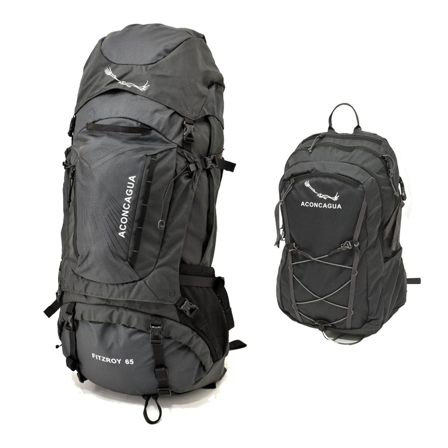 Set of large backpack (65L) and small backpack for mountain climbing, travel, and evacuation preparation