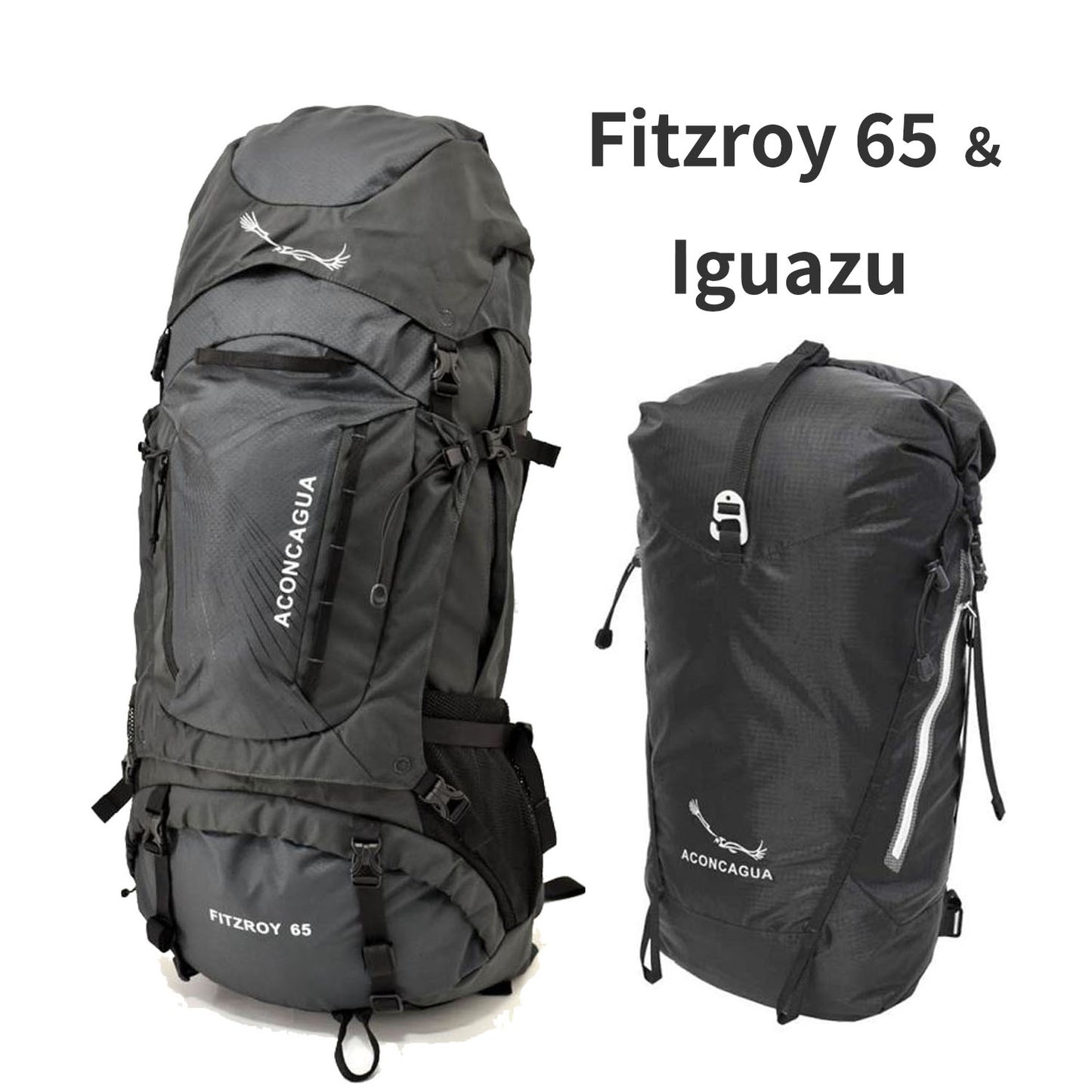 Set of large backpack (65L) and small backpack for mountain climbing, travel, and evacuation preparation