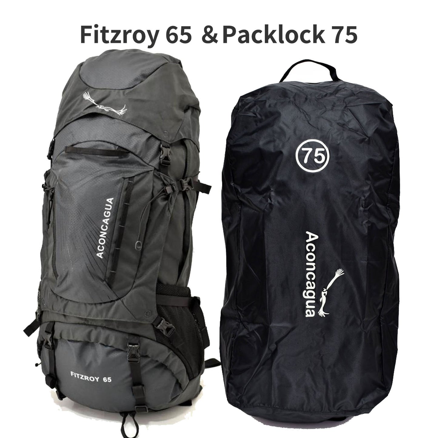Set of large backpack (65L) and small backpack for mountain climbing, travel, and evacuation preparation