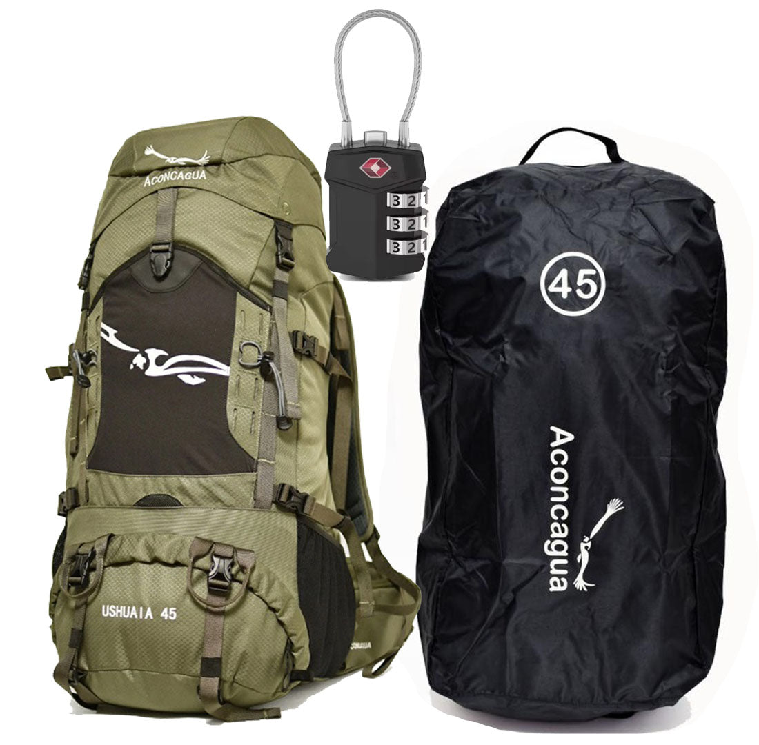 【 セット 】45Lのリュックと南京錠が付けられるカバーの旅行用セット Ushuaia45 ウスアイア 旅行 海外旅行 預け入れ荷物 盗難防止 破損防止 サブバッグ アコンカグア 送料込み